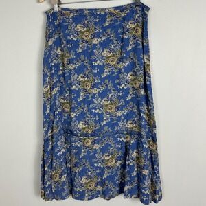 Vintage April Cornell Blue Floral Tiered Beaded Midi Skirt‎ Womens Sz Large Boho